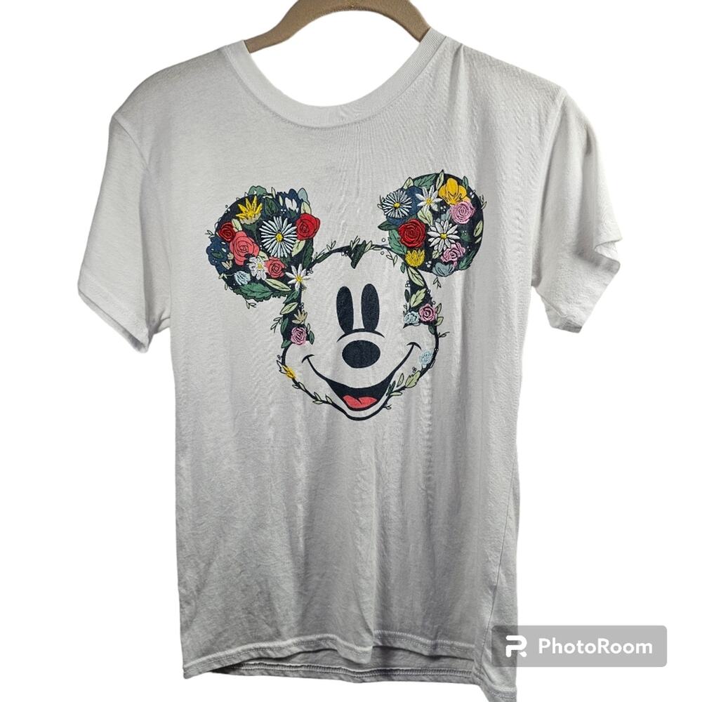 Disney Mickey Mouse with Flowers and Embroidery White T-shirt Women's XS